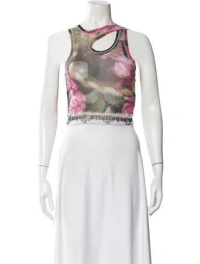 Pre-owned Ottolinger Floral Print Asymmetrical Crop Top In White