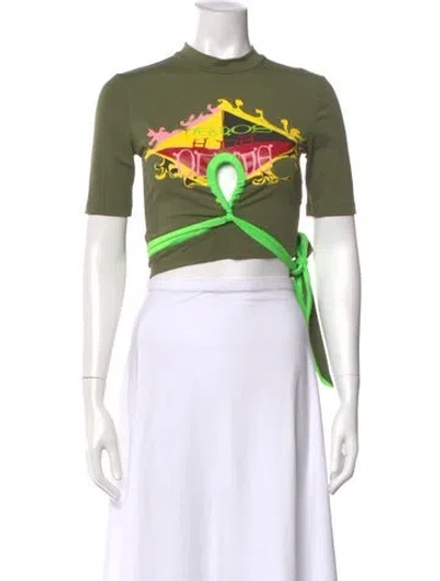 Pre-owned Ottolinger Graphic Print Mock Neck Crop Top In Green