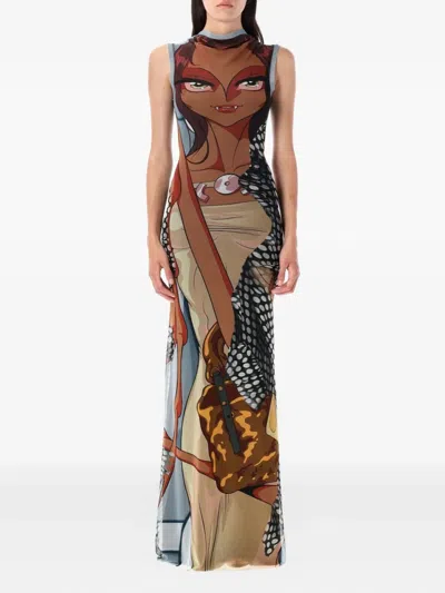 Ottolinger Manga-print Mesh Maxi Dress In Brown