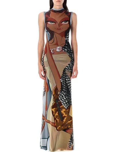 Ottolinger Manga-print Mesh Maxi Dress In Brown