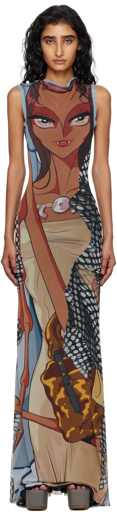 Ottolinger Manga-print Mesh Maxi Dress In Brown