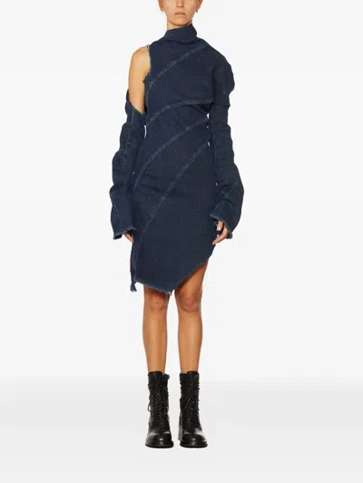 Ottolinger One-shoulder Frayed Denim Asymmetric Dress In Blue