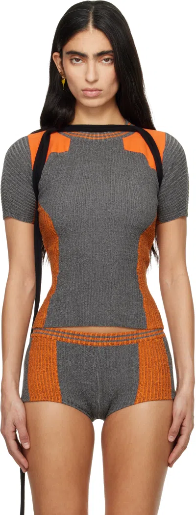 Ottolinger Textured Knit Team Shirt In Grey & Orange