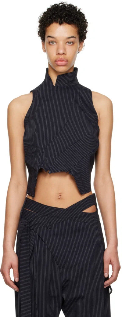Ottolinger Ssense Work Capsule – Navy Asymmetrical Suit Tank Top In Navy Pinstripe