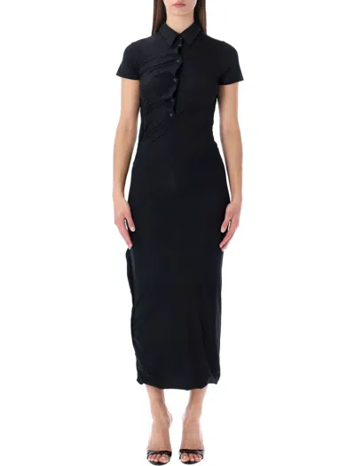Ottolinger Twisted Polo Midi Dress With Asymmetric Button Placket In Nero