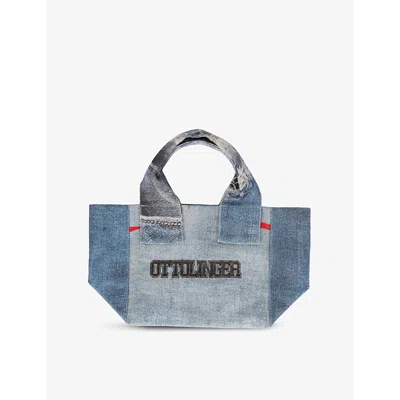Ottolinger Womens  Denim-print Small Cotton Tote Bag In Orange