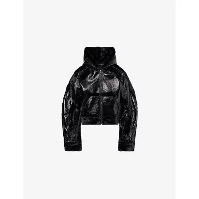 OTTOLINGER WOMENS SHINY BLACK PATENT FAUX-LEATHER AND FAUX-FUR JACKET