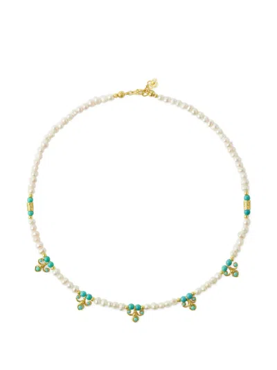 Ottoman Hands Amelie Pearl And Turqoise Beaded Necklace In White