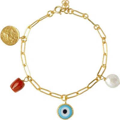 Ottoman Hands Cornicello Evil Eye And Pearl Charm Bracelet In Gold