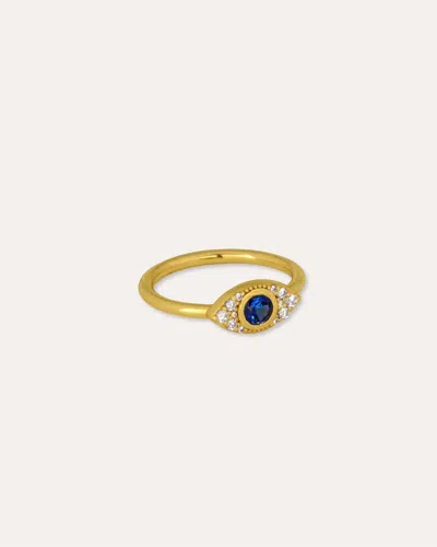 Ottoman Hands Diamond Evil Eye Solid Gold Stacking Ring In Blue