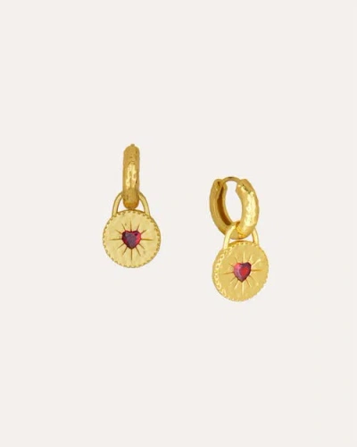 Ottoman Hands Garnet Heart Huggie Earrings In Gold