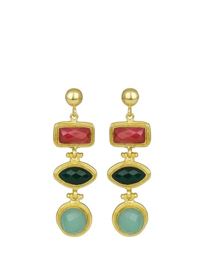 Ottoman Hands Innana Ruby, Emerald And Aqua Chalcedony Drop Earrings In Multi