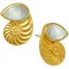 Ottoman Hands Nautilus Seashell Mother Of Pearl Stud Earrings In Gold