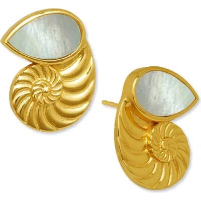 Ottoman Hands Nautilus Seashell Mother Of Pearl Stud Earrings In Gold
