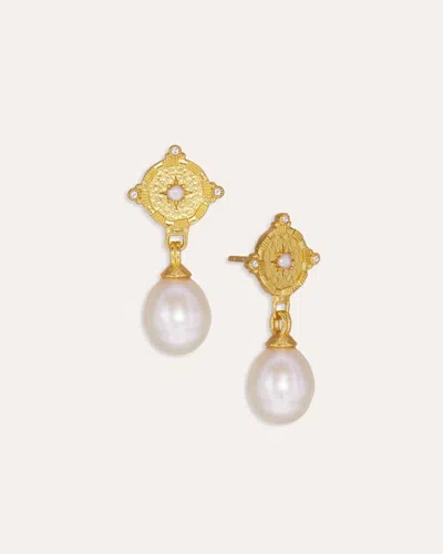 Ottoman Hands Pearl And White Topaz Shield Drop Earrings In Gold