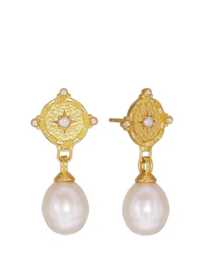 Ottoman Hands Pearl Shield Drop Earrings In Gold