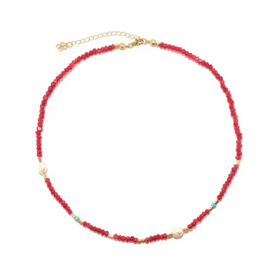 Ottoman Hands Women's Carmen Pearl And Red Jade Beaded Necklace