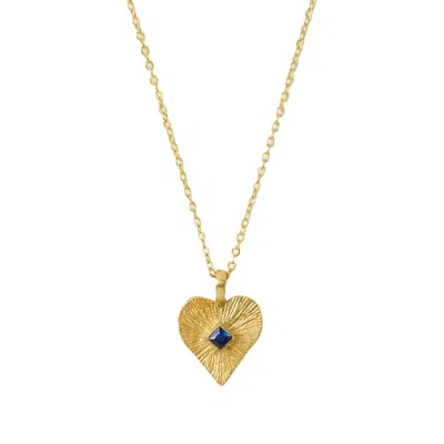 Ottoman Hands Women's Gold / Blue Golden Heart Pendant Necklace With Blue Crystal