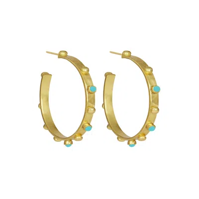 Ottoman Hands Women's Gold / Blue Tanrica Large Hoop Earrings With Turquoise Beads