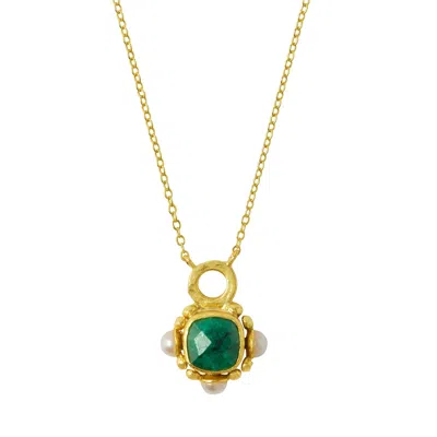 Ottoman Hands Women's Gold / Green Esther Emerald And Pearl Pendant Necklace