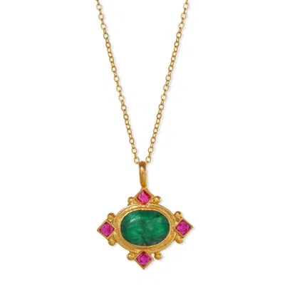 Ottoman Hands Women's Gold / Green Raina Emerald And Pink Crystal Pendant Necklace