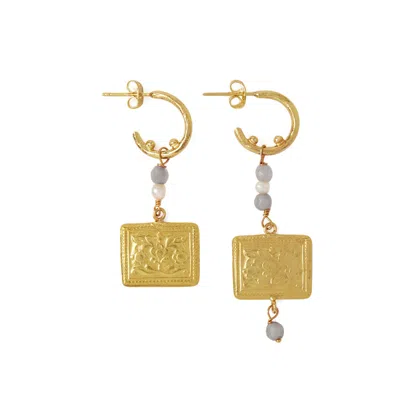 Ottoman Hands Women's Gold / Grey / White Delphi Drop Hoop Earrings With Labradorite Beads