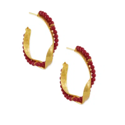 Ottoman Hands Women's Gold / Red Priya Red Agate Twist Hoop Earrings