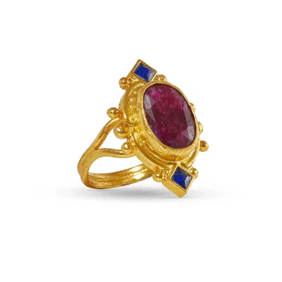 Ottoman Hands Women's Gold / Red Raina Ruby And Blue Crystal Ring