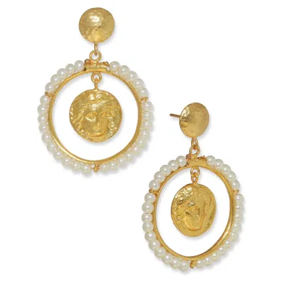 Ottoman Hands Women's Gold / White Gorgon Medusa Pearl Beaded Front Hoop Earrings
