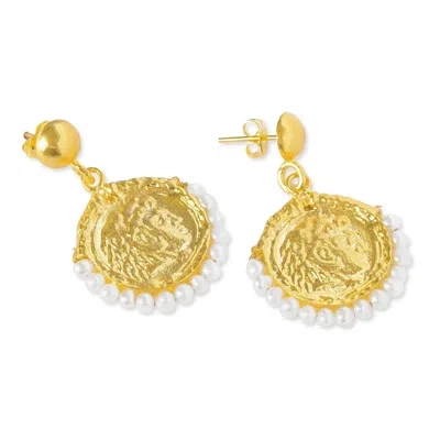 Ottoman Hands Women's Gold / White Myia Pearl Coin Drop Stud Earrings In Gray