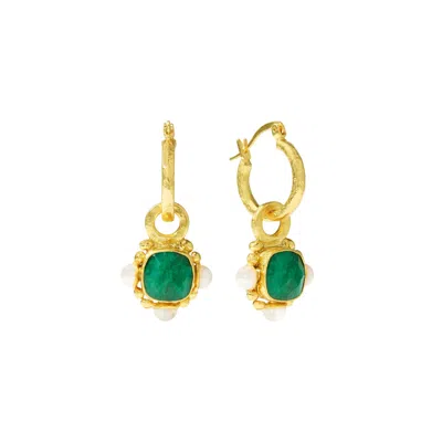 Ottoman Hands Women's Green Esther Emerald & Pearl Drop Hoop Earrings In Gold