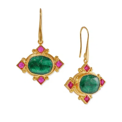 Ottoman Hands Women's Green / Gold Raina Emerald And Pink Crystal Drop Earrings