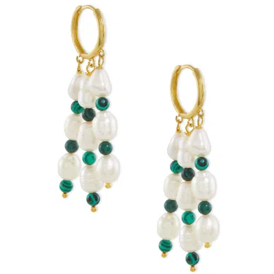 Ottoman Hands Women's Green / White Katia Pearl And Malachite Beaded Hoop Earrings In Gold