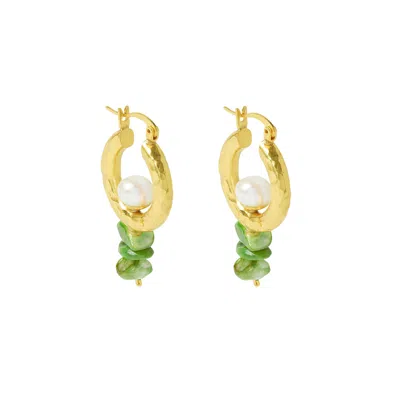 Ottoman Hands Women's Green / White Lexie Green Mother Of Pearl Hoop Earrings In Gold