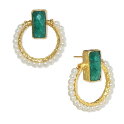 Ottoman Hands Women's Green / White Noelle Emerald And Pearl Stud Earrings In Gold