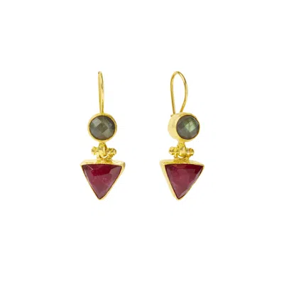 Ottoman Hands Women's Grey / Red Hydra Labradorite And Ruby Drop Earrings In Gold