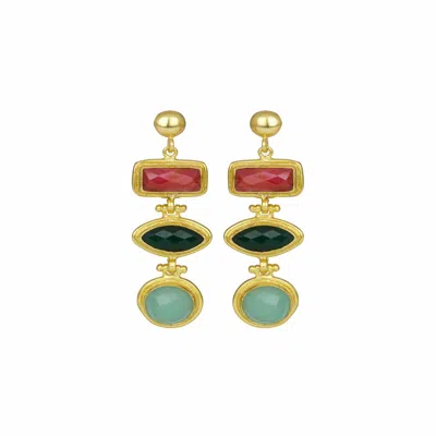 Ottoman Hands Women's Red / Gold Innana Gemstone Drop Earrings With Ruby, Emerald And Aqua Chalcedony