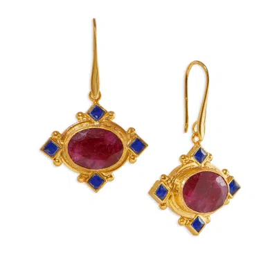 Ottoman Hands Women's Red / Gold Raina Ruby And Blue Crystal Drop Earrings