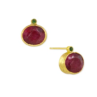 Ottoman Hands Women's Red Lucia Ruby And Green Crystals Stud Earrings In Gold