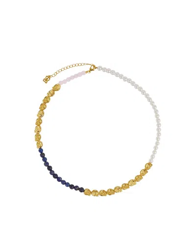 Ottoman Hands Waterproof Lapis And Pink Jade Beaded Necklace In Multi