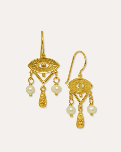 Ottoman Hands Zahra Pearl Evil Eye Drop Earrings In Gold