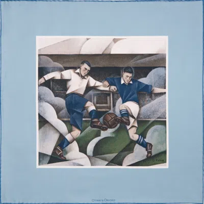Otway & Orford Men's Blue 'the Beautiful Game' Football Silk Pocket Square. Full-size.