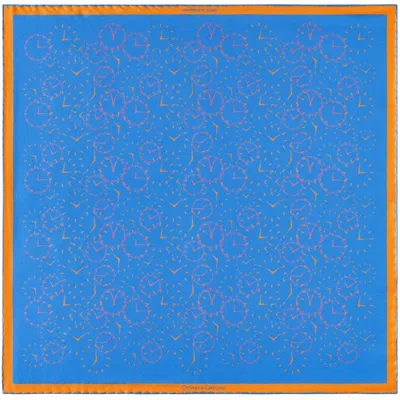 Otway & Orford Men's 'chronos' Watch Dial Design Silk Pocket Square In Mid Blue With Hot Pink & Orange. Full-size.