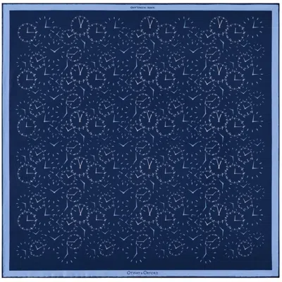 Otway & Orford Men's 'chronos' Watch Dial Design Silk Pocket Square In Navy Blue With Pale Blue & Off-white. Full-s
