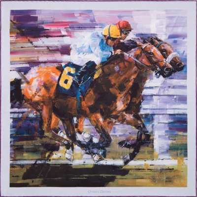 Otway & Orford Men's Green / Brown / Purple Neck & Neck Horse Racing Silk Pocket Square. Full-size.