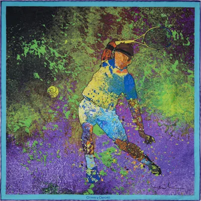 Otway & Orford Men's Green / Purple 'tennis Passion' Silk Pocket Square. Full-size. In Multi