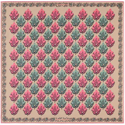 Otway & Orford Men's Orange / Green / Brown 'motif' Geometric Silk Pocket Square In Camel, Green & Pink. Full-size.