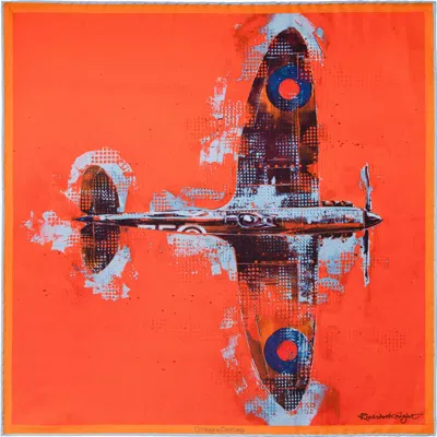 Otway & Orford Men's Orange 'lone Fighter' Spitfire Silk Pocket Square. Full-size.