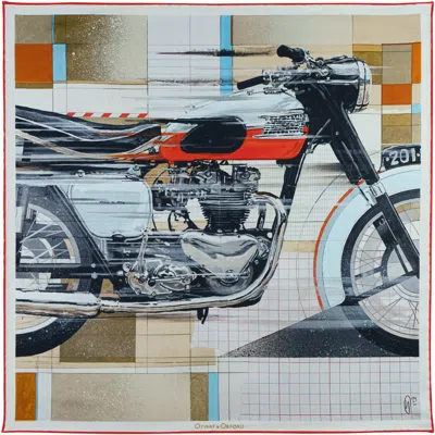 Otway & Orford Men's Red / Blue / Brown 'vintage Velocity' Motorcycle Silk Pocket Square. Full-size.