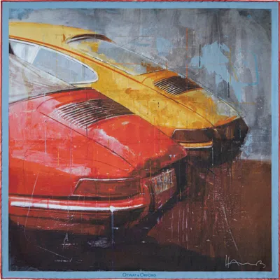 Otway & Orford Men's Red / Yellow 'racing Legends' Sports Cars Silk Pocket Square. Medium-size. In Multi